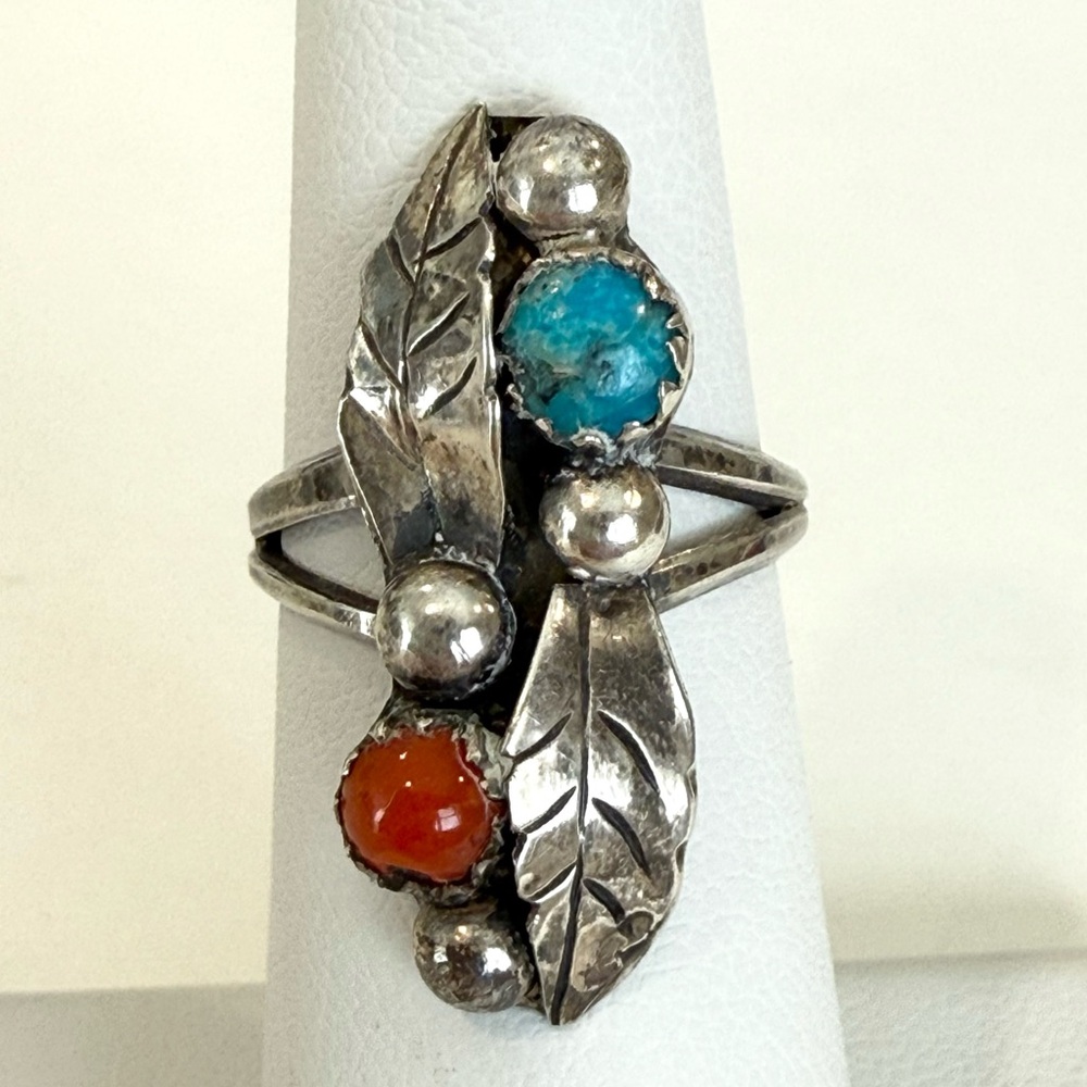 Vintage Sterling Silver 925 Turquoise & Coral Leaf Ring Southwest Size 4.5